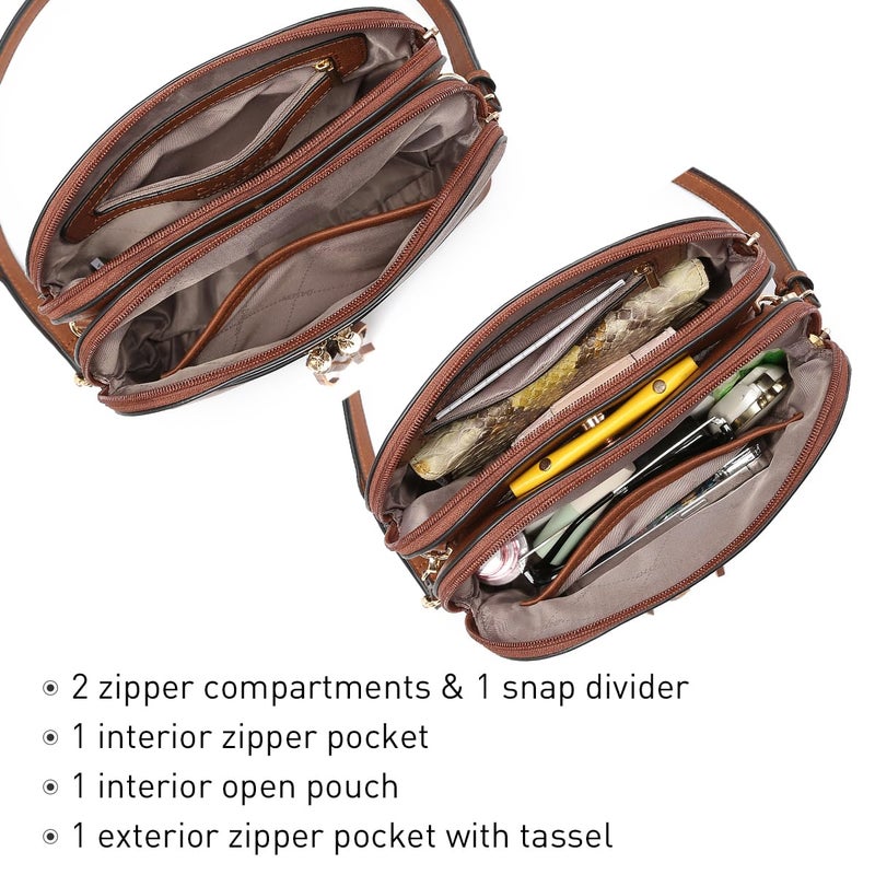 Dasein Women Tassel Zipper Pocket Crossbody Bag Shoulder Purse Fashion Travel Bag with Multi Pockets(1-Brown) - Image 5